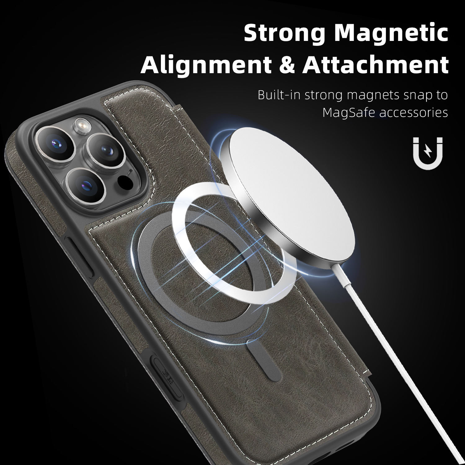 Ốp lưng da từ tính có khe đựng thẻ cho iPhone 16 Pro Max, chống sốc — Màu đen, Màu xanh ngọc, Màu cà phê, Xám vàng titan chi tiết 26
