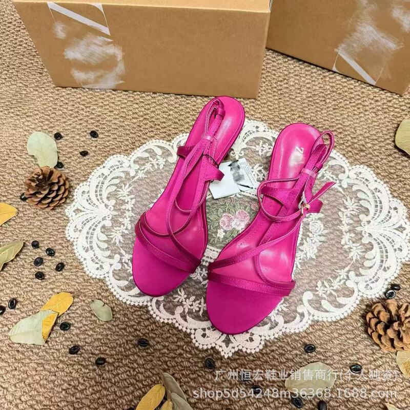 Za2025 Summer New Fashion Solid Color Satin Open-Toe Backless Metal Buckle Stiletto High Heel Sandals