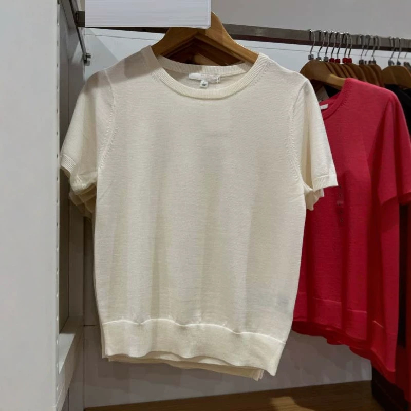 Women's fine-spun merino round-neck knit sweater/solid color pullover short-sleeve T-shirt for commuting and casual wear 485306