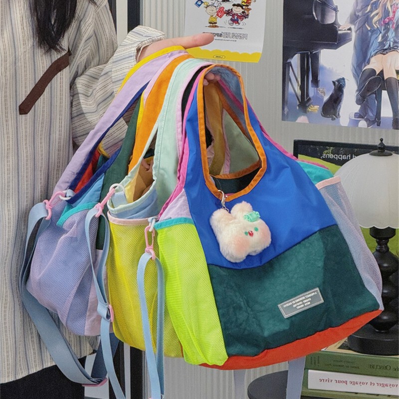 New Dopamine Color-Blocking Tote Bag for Women, Large Capacity Shoulder Bag, Student Commuter Handbag, Cute Cartoon Bag