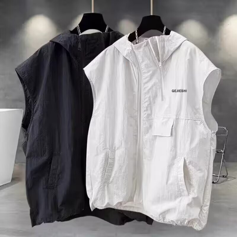 Zipper Hooded Sleeveless T-Shirt for Men, Summer Style, Cool and Loose Fit, Thin Sun-Protective Workwear with Large Pocket Design, Vest Zipper Hooded Sleeveless T-Shirt for Men, Summer Style, Cool and Loose Fit, Thin Sun-Protective Workwear with Large Pocket Design, Vest
