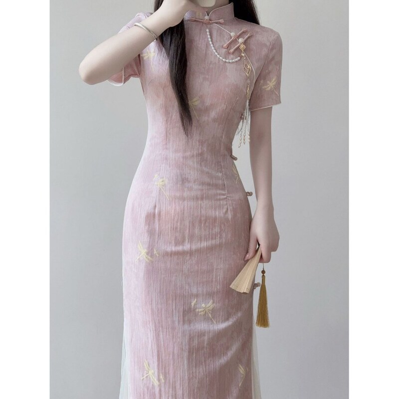 New Chinese Style Cheongsam Pink Young Girl National Style Slim Dress Elegant High-End Improved Cool Dress