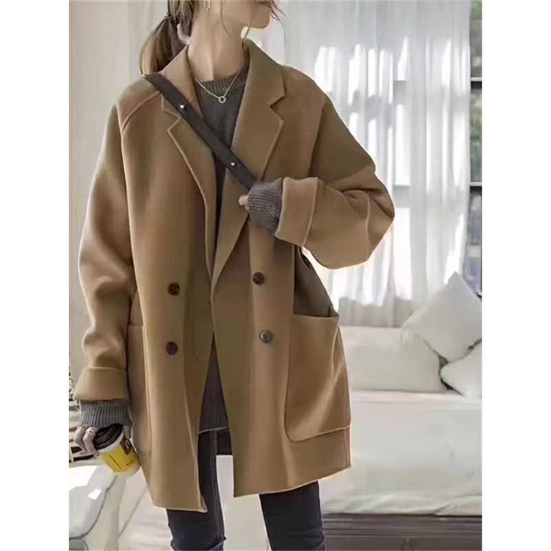 Double-Sided Cashmere Outwear Mid-Length 2025 Large Lapel Suit Collar Double-Breasted Wool Outwear Commuter Style Straight