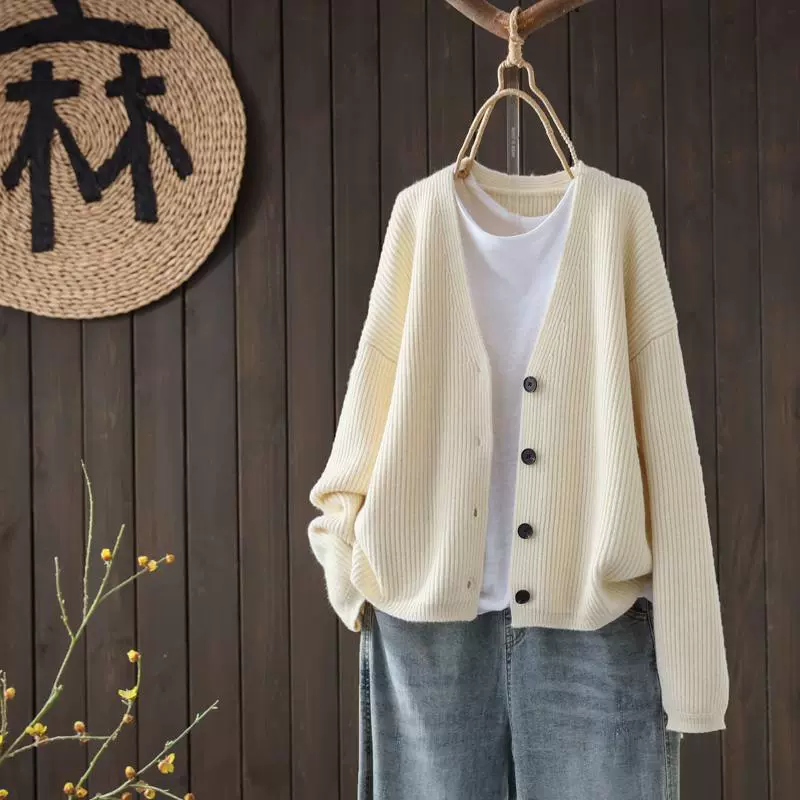 Винтажный Однотонный свитер в ленивом стиле женский кардиган пальто 2023 осень и зима новый корейский Свободный вязаный кардиган с V-образным вырезом