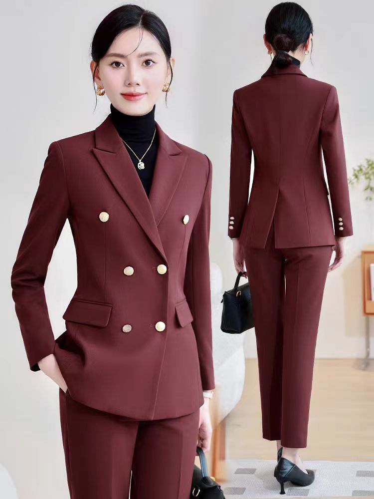 (2개) 전문 세트 여성을위한 고급 더블 브레스트 세트 간단하고 유능한 기질 호텔 매니저 직장 통근 작업복
