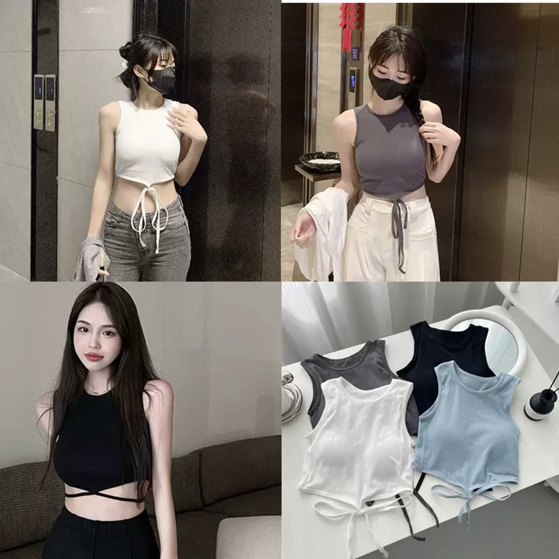 2025夏韩版性感辣妹系带小背心女百搭性感固定杯露脐短款外穿上衣
