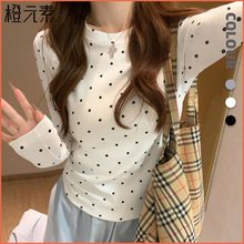 橙元素波点宽松直筒长袖T恤女装秋百搭休闲上衣可外穿时尚打底衫