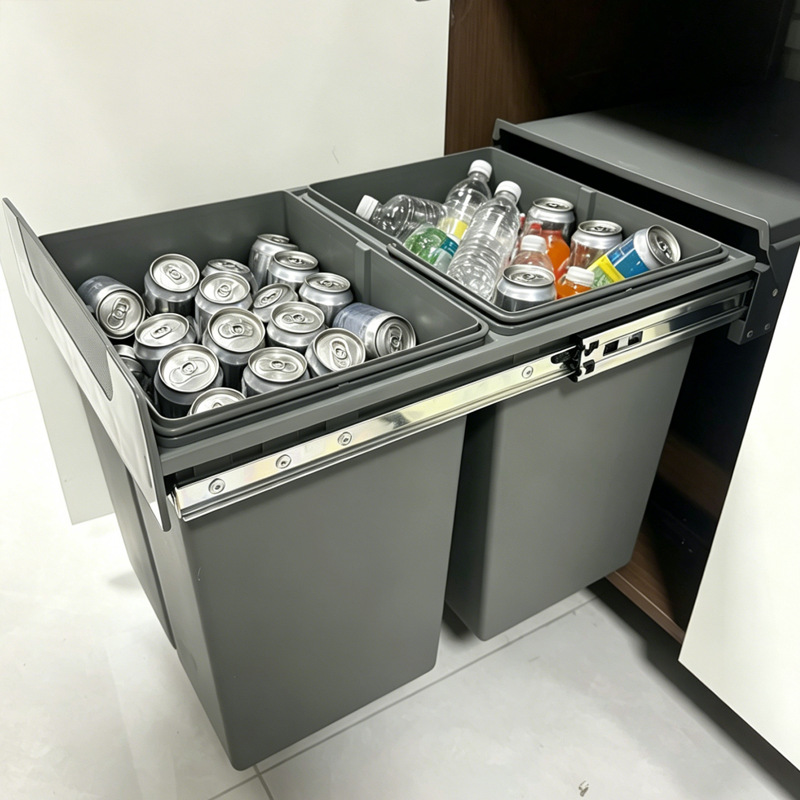 橱柜内垃圾桶 嵌入式水槽下双桶分类垃圾桶 家用带盖抽拉隐藏式产品实拍图