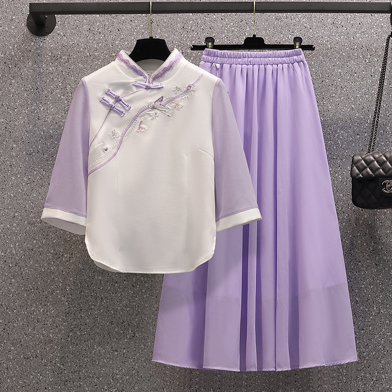 Republic of China Style Chinese Style Tea Suit with Vertical Collar and Buckle Embroidery Slim-looking Flesh Covering Improved Retro Artistic Age-reducing Girls' suit Dress