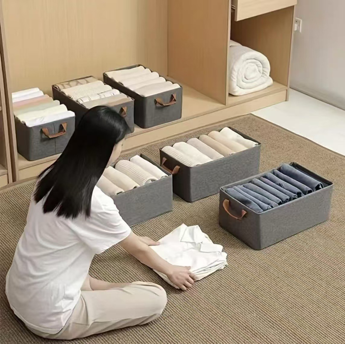 Caja organizadora para ropa y pantalones, diseño plegable, ideal para armario o cambio de temporada, compartimentos prácticos