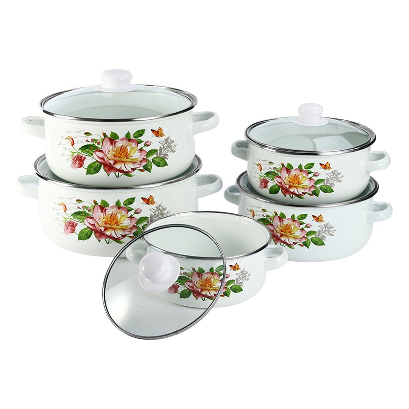 Olla de hierro esmaltada, olla esmaltada con doble asa, olla para sopa de esmalte grueso, olla para guisos, olla para cocinar, juego de cinco piezas