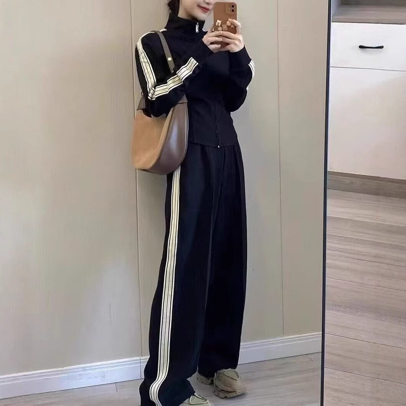 高级鱼骨运动套装女春秋新款时尚黑色卫衣上衣气质休闲裤子两件套|undefined
