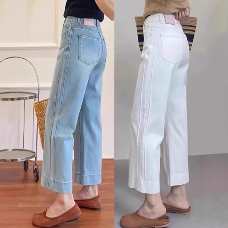 Light Blue High-Waisted Cropped Straight-Leg Jeans for Women, 2026 Spring New Style, Plus-Size Loose Hip-Covering Wide-Leg Pants