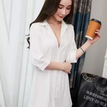 性感白衬衣夏季女士外穿中长款宽松短袖白色衬衫女潮秋冬长款上衣