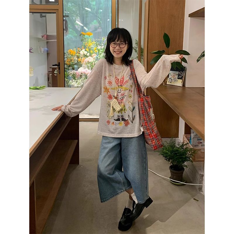 アメリカンレトロなプリント長袖Tシャツ女性用夏の新しいルーズスリム日焼け止めボトムスブラウストレンディなトップ|undefined