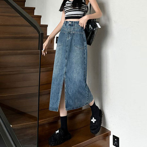 Small niche high-waisted denim slit semi-body leisure meat-hiding A-line medium-long retro bustier dress for women and children