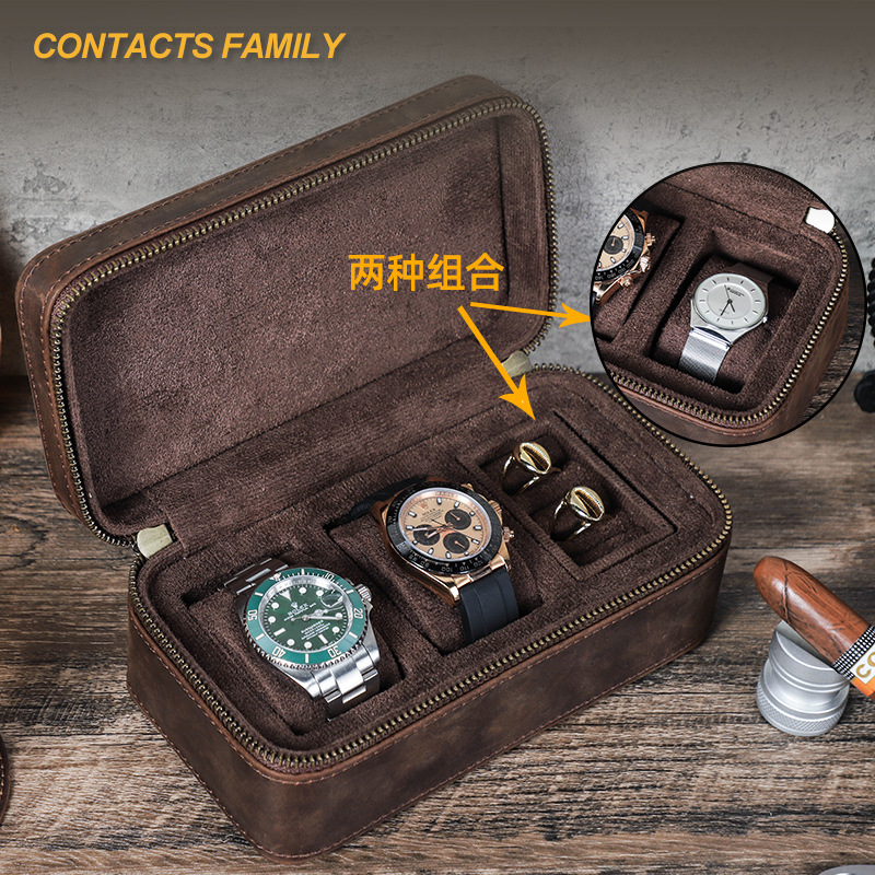 Vintage Crazy Horse Leather Three-Pack Watch Jewelry Storage Box Travel Portable Jewelry Gift Box Leather Watch Box