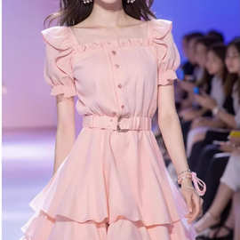 甜美清纯粉色绝美奶fufu连衣裙气质名媛泡泡袖公主裙2024夏季新款