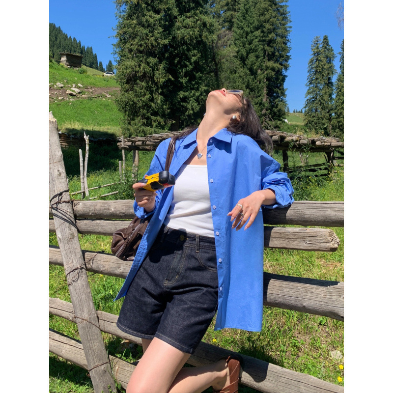 pusumede Blue Long Sleeve Shirt Women's Spring New Loose Casual Basic Shirt Commuter Elegant Top