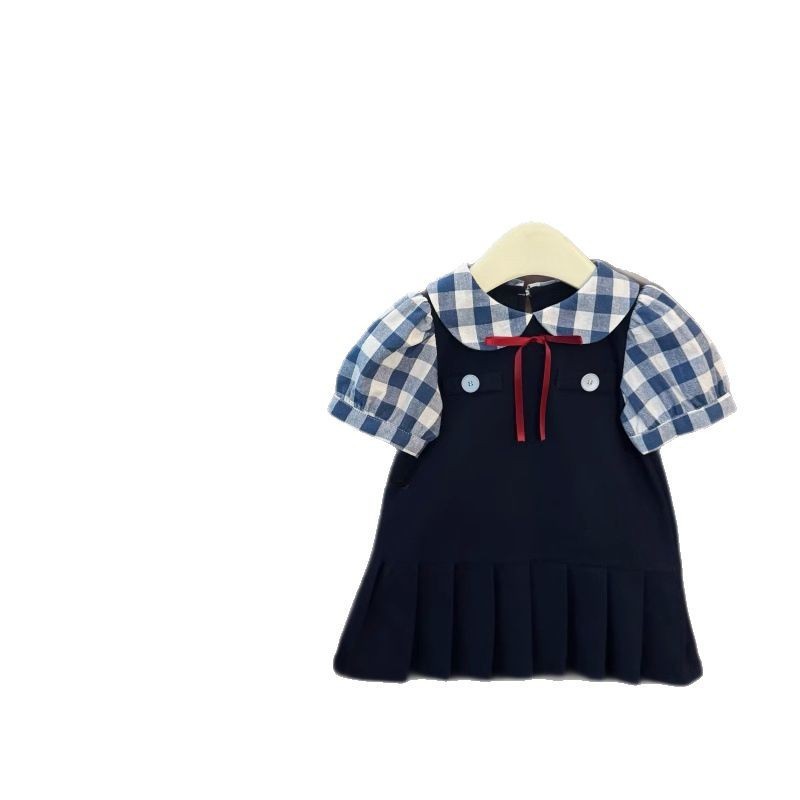 Colegio San Martín! Tesoro femenino estilo universitario azul plaid muñeca cuello arco plisado lindo vestido de princesa dulce marea