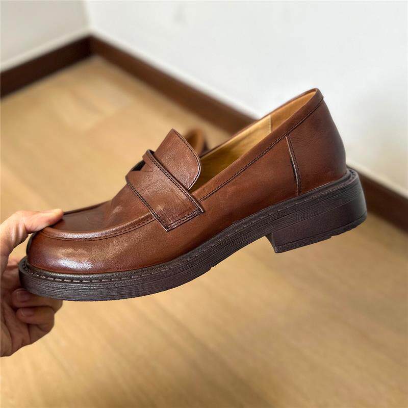 Giày lười nữ da thật Anh, mũi tròn, gót thấp 3–5 cm, đế bằng — màu đen chi tiết 17