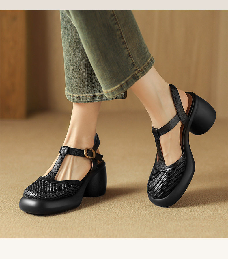 Sandal nữ da cừu đục lỗ bít mũi quai chữ T khóa cài đế dày gót cao — Màu đen chi tiết 9