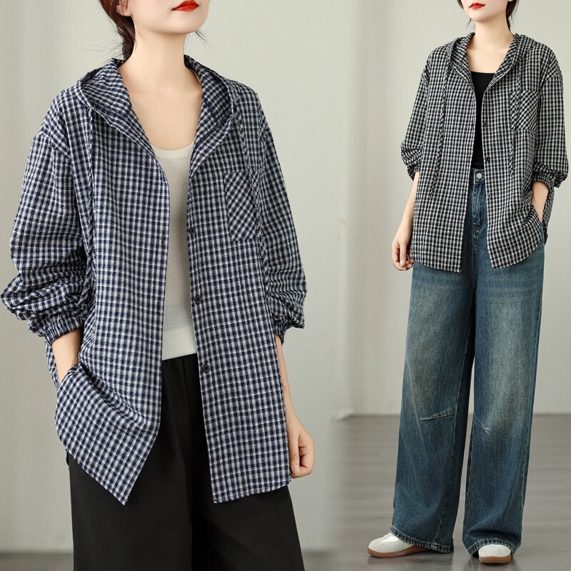 Korean-Style Bowknot Pocket Plaid Hooded Long-Sleeve Shirt for Slightly Chubby Women, Plus-Size Loose Lazy Single-Breasted Top