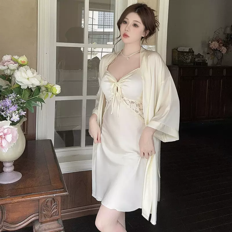 新款吊带睡裙性感蕾丝花边女士睡袍亲肤冰丝纯欲风纯色家居服套装