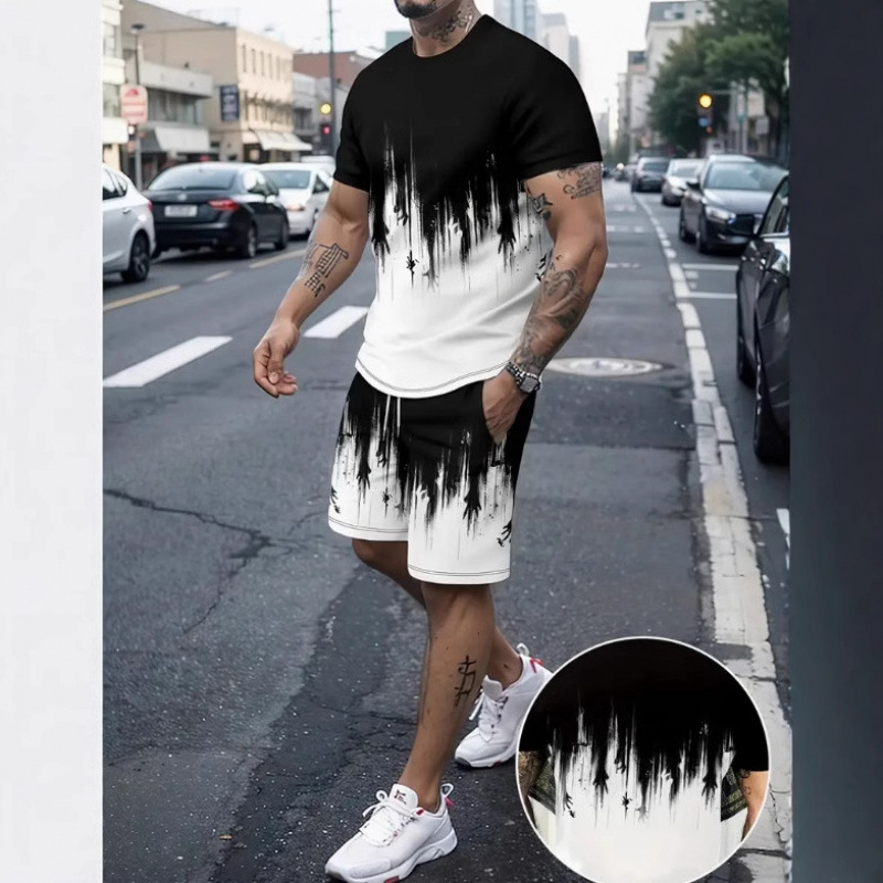 Nuevo verano transfronterizo pantalones cortos de manga corta 3D impresión digital suelta moda casual camiseta traje deportivo para hombre