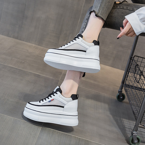 2024 spring and summer new style inner heightening thick sole casual breathable lace-up women's mesh shoes wedge heel genuine leather white shoes for women