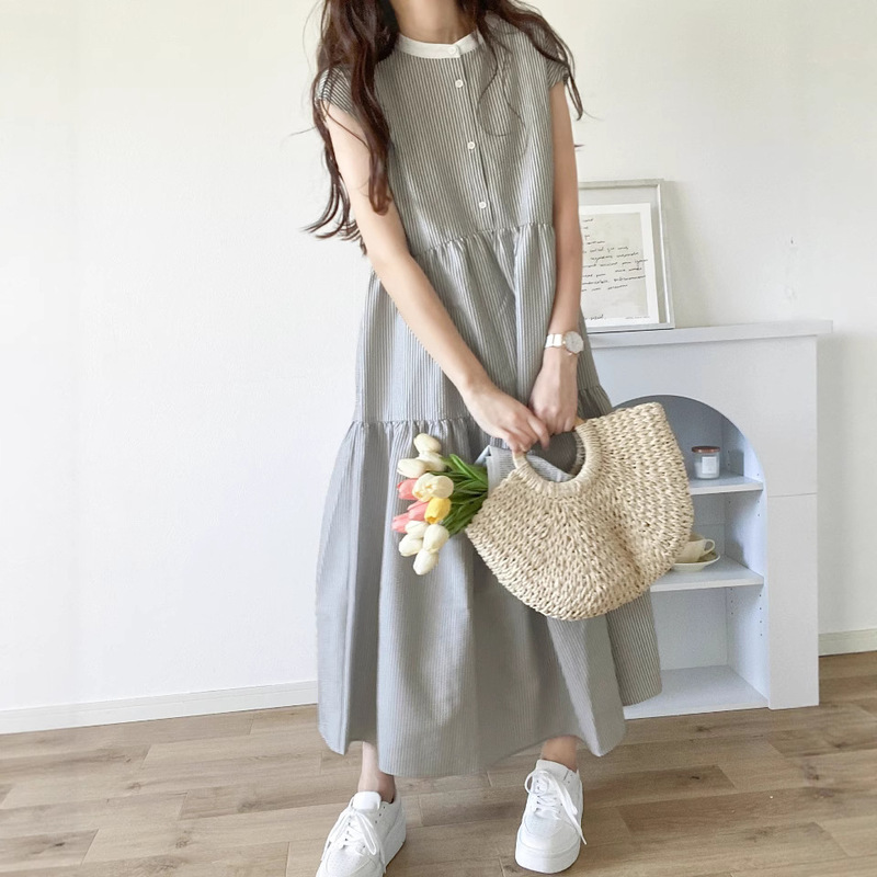 2026 Summer New Korean Style Round Neck Small Button Striped Sleeveless Long Dress Sweet