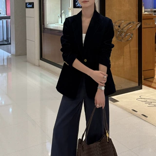 预售蓝丝绒 西服设计感竖条肌理纹口袋深蓝色春秋西装外套女