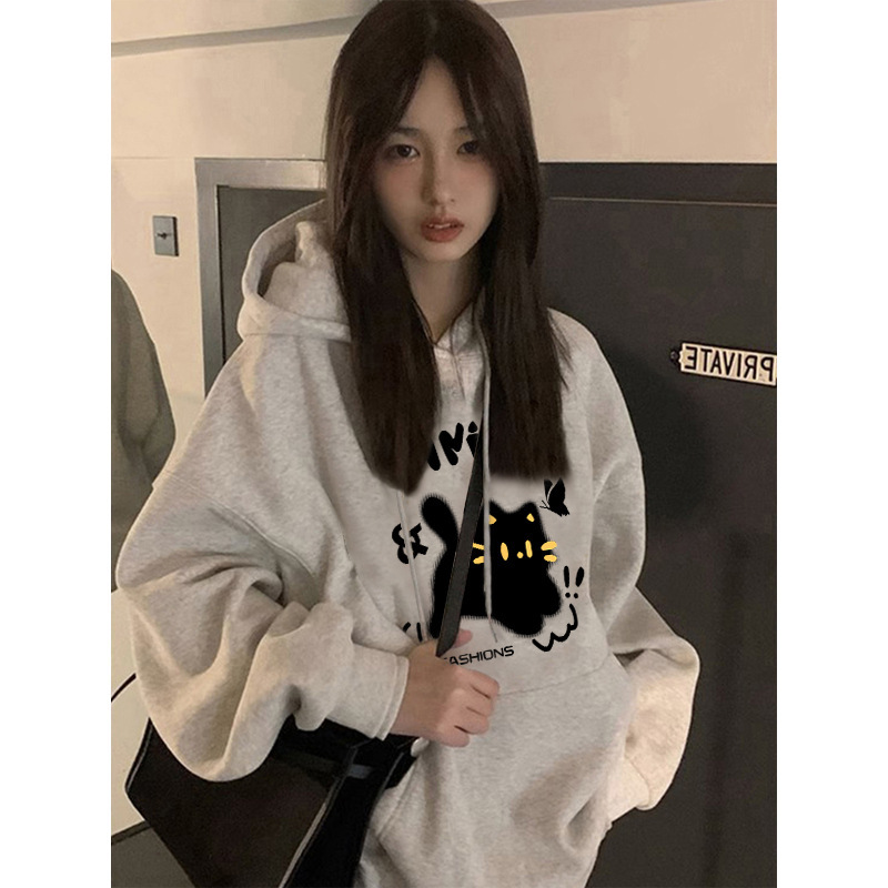 Gray Hooded Sweatshirt for Women Autumn and Winter 2025 New Hot Style Slim Loose Top Fleece-Lined Thickeneded Mid-Length Jacket