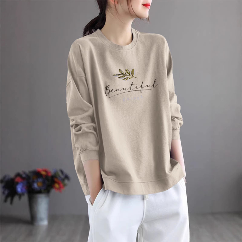 Women's Clothing Clearance Round Neck Long-Sleeved Casual Elegant Age-Reducing Top Pure Cotton T-Shirt