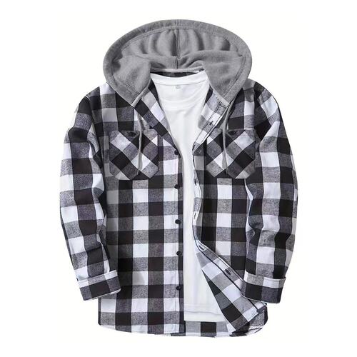 New Amazon Fleece Plaid Hooded Sweatshirt, European and American Size, Dual Pockets Hooded Shirt for Men