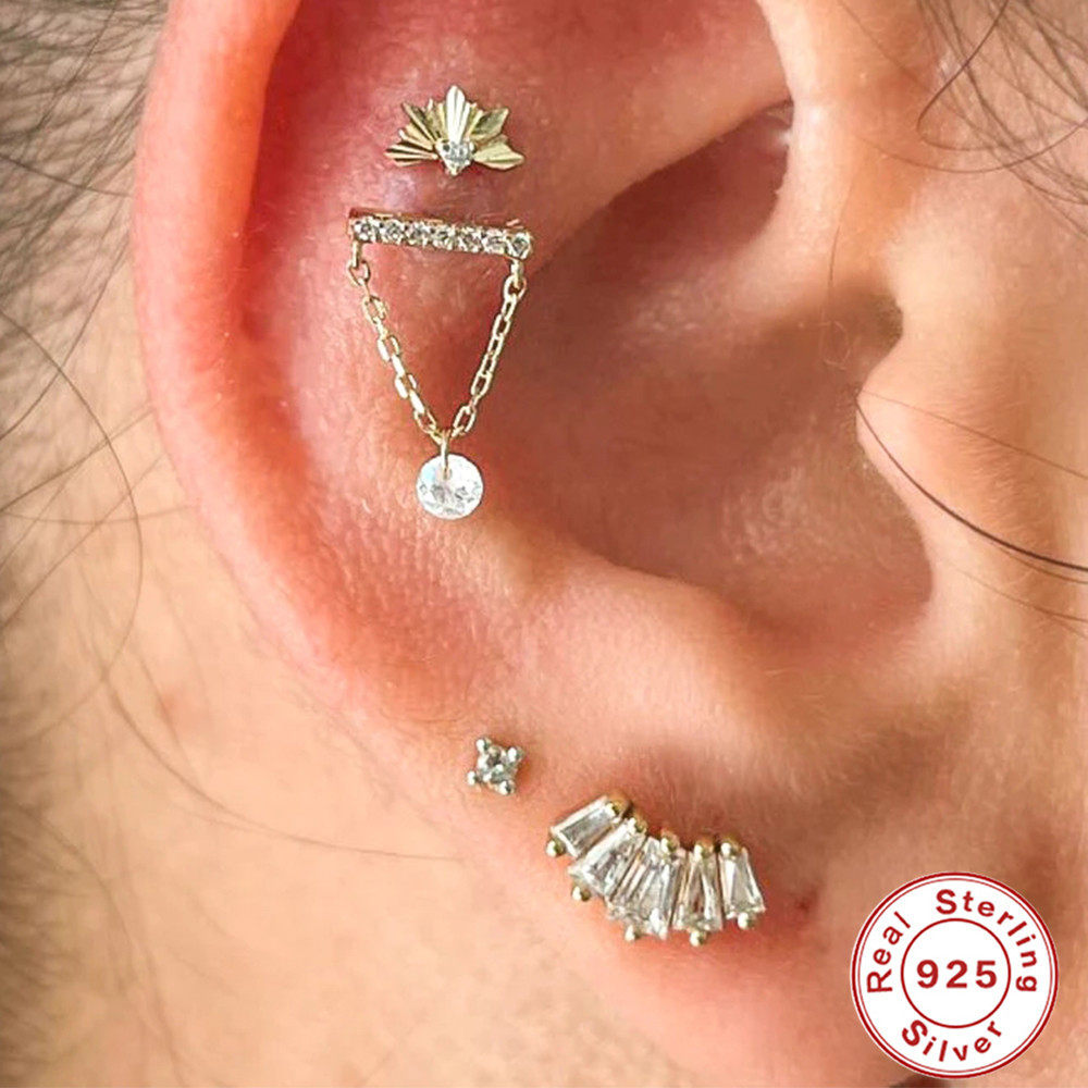 Nuevo actualizado s925 plata esterlina triple diamante borla cadena hilo oído hueso Stud moda exquisita pendientes