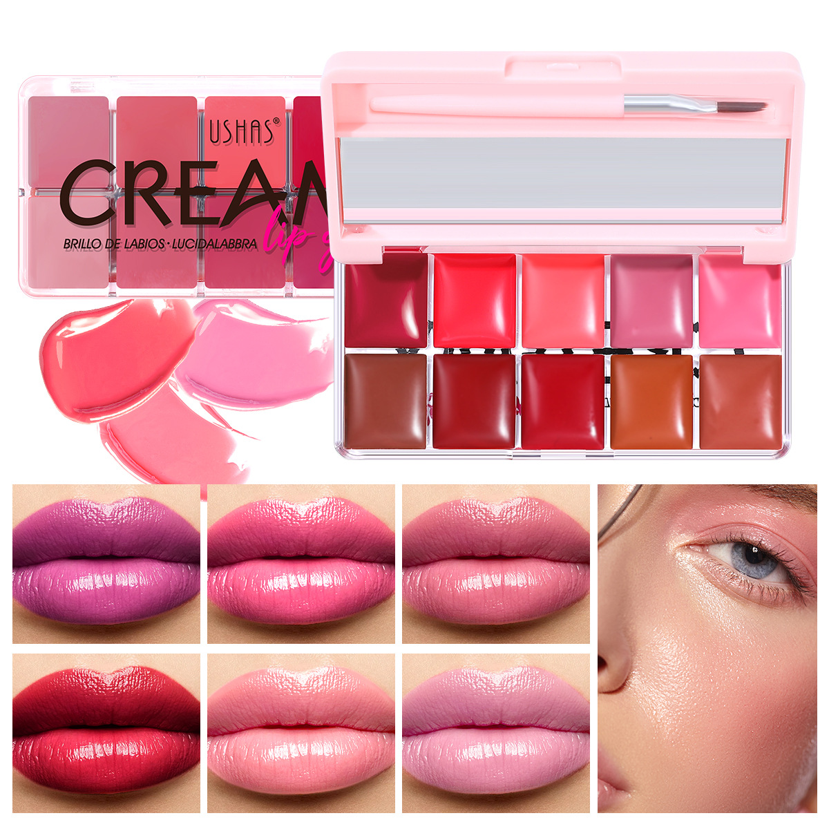USHAS European and American Cross-border spot bandeja de brillo de labios de diez colores lápiz labial impermeable de larga duración taza antiadherente maquillaje de labios UC006