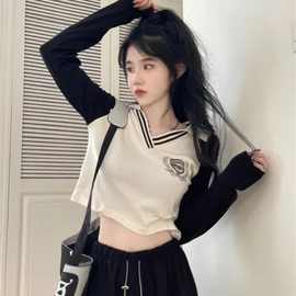 纯棉插肩polo领长袖t恤女 秋季设计感修身显瘦高腰短款打底衫上衣