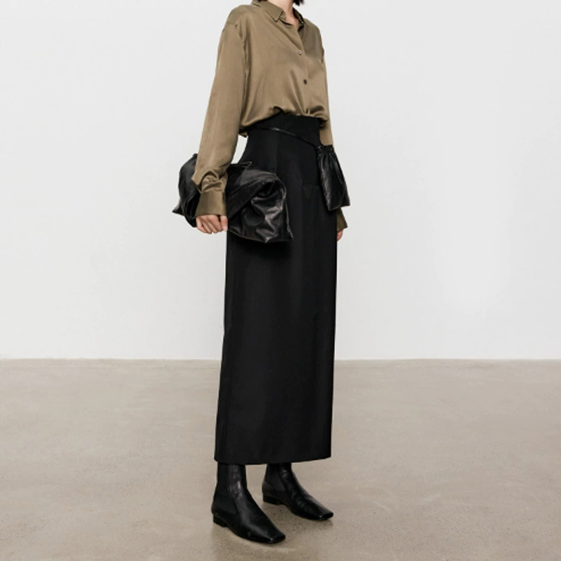 Классическая юбка прямого кроя из плотного волокна для весны и осени с широким поясом в стиле роу-дизайн для стройного силуэта
