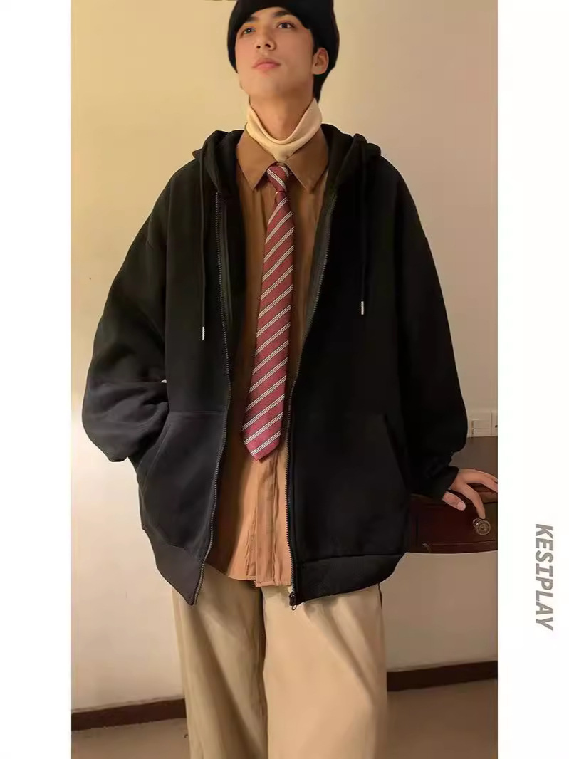 미국 단색 지퍼 카디건 남자 가을과 겨울 스웨트 셔츠 느슨한 올 매치 탑 후드 자켓 트렌디 한 홍콩 스타일 플러스 사이즈