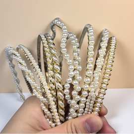 金银珍珠发箍新娘发饰刘海欧美简约时尚编织头箍链条头饰批发碎发