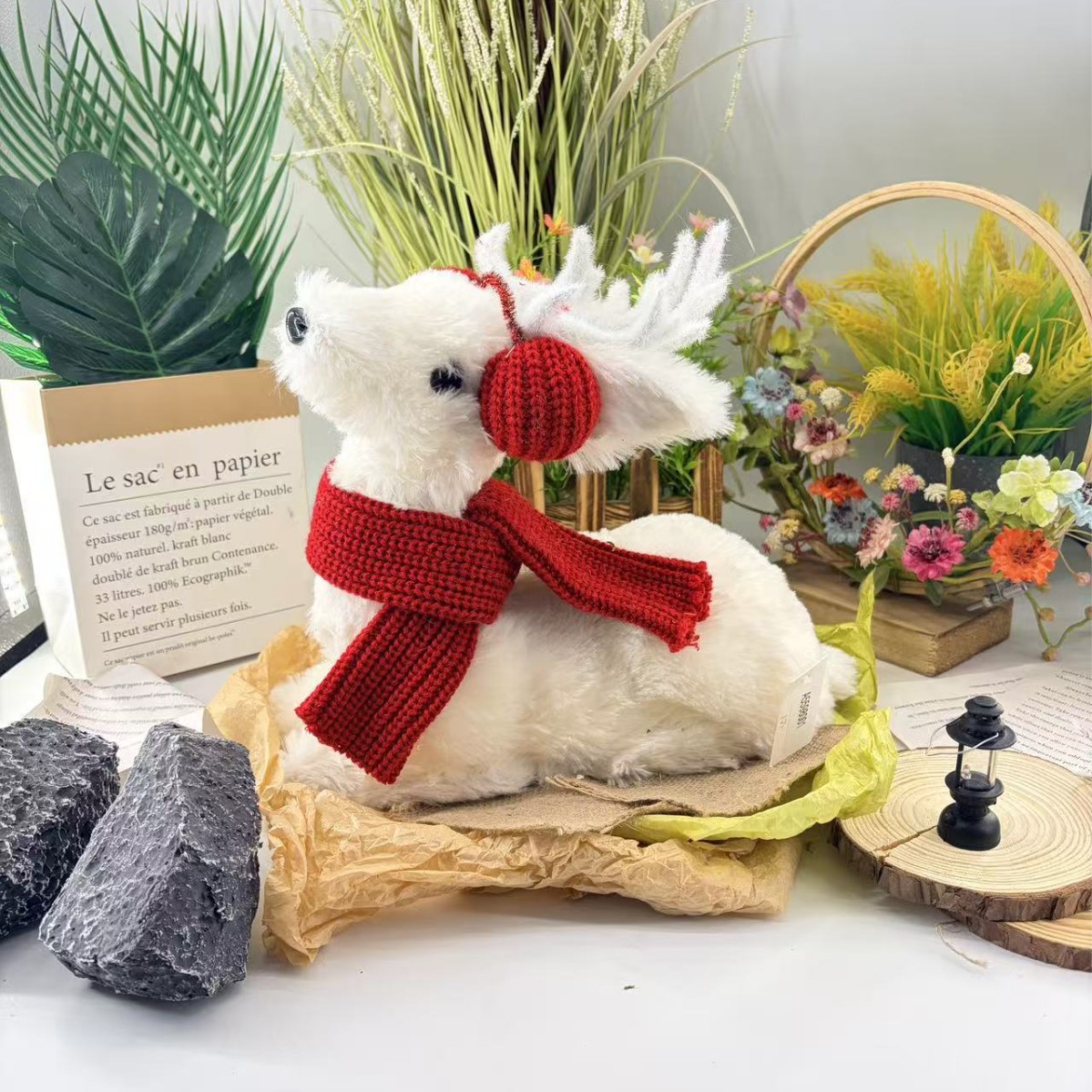 Oreo rojo envoltura cuello manta blanca de ciervo artesanía decoración navideña decoración de tiendas de hogares en línea al por mayor