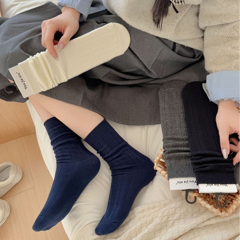 藏青袜子女纯棉中筒袜春秋韩系ins潮细条纯色长袜配德训鞋堆堆袜|undefined