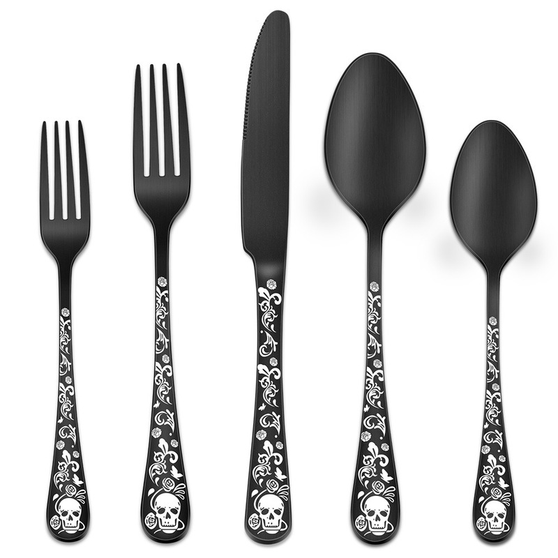 Cross-border explosions [Halloween elements] skull plated black knife and fork spoon suit western steak knife and fork 20PC