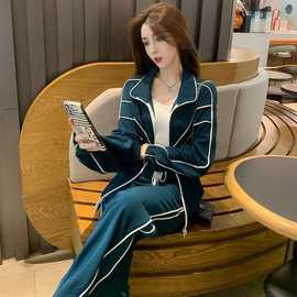 胖MM大码休闲运动套装女秋冬加绒小个子洋气减龄阔腿裤设计感时尚