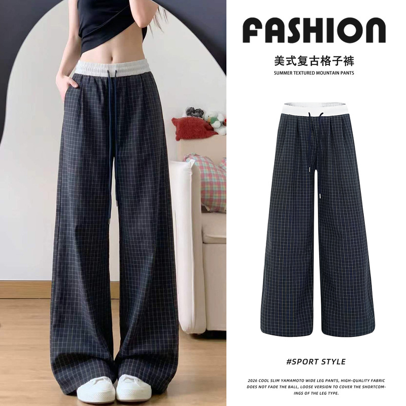 Korean-Style Casual Navy Blue Patchwork Plaid Wide-Leg Pants for Women, Summer 2026 New Loose Slimming Straight-Leg Casual Pants