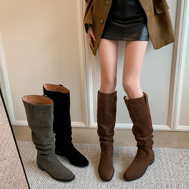 New Style French-Style Lazy Slouch Knee-High Boots for Women with Round Toe and Square Heel, Casual Versatile Boots