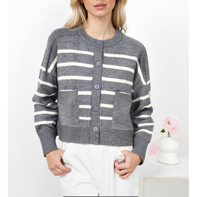 European and American Cross-Border Amazon Sweater for Women, New Autumn and Winter Style, Round Neck with Pockets, Single-Breasted Striped Foreign Trade Knitted Cardigan