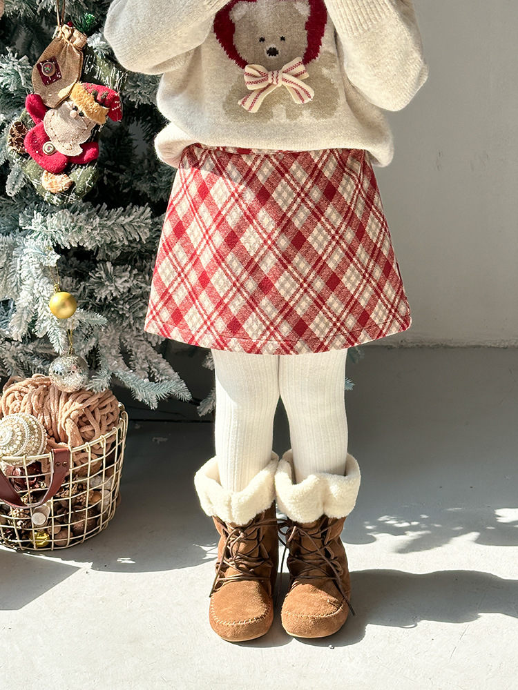 [new year] aimo baby girl‘s thickened warm a- line skirt children‘s holiday red pattern skirt