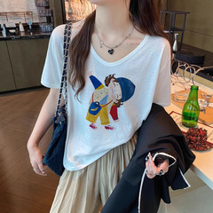 2025新款竹节棉V领短袖t恤女夏季时尚百搭小个子宽松显瘦薄款上衣